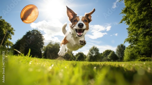 A jack russell dog jumping up in the air to catch a frisbee. Generative AI.