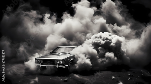 black and white image of a black car, in an explosion of smoke, on a black background 