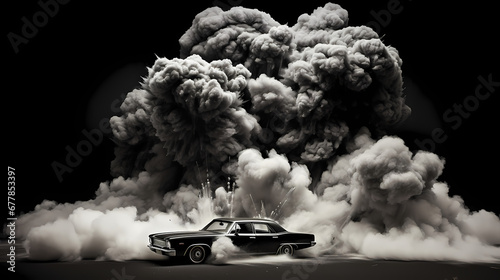 black and white image of a black car, in an explosion of smoke, on a black background  © Nicco 