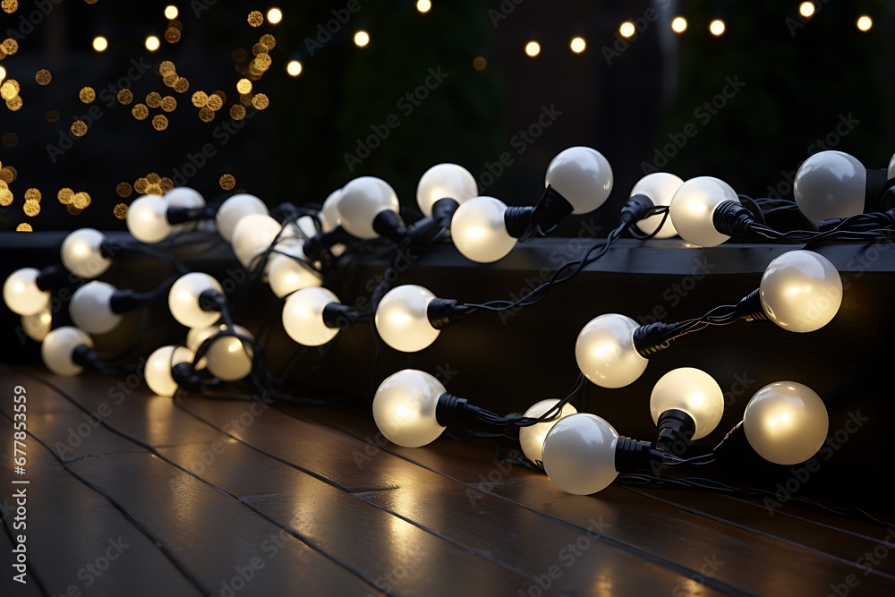 Naklejka premium Christmas lights garland on wooden table, close up. Festive decorations