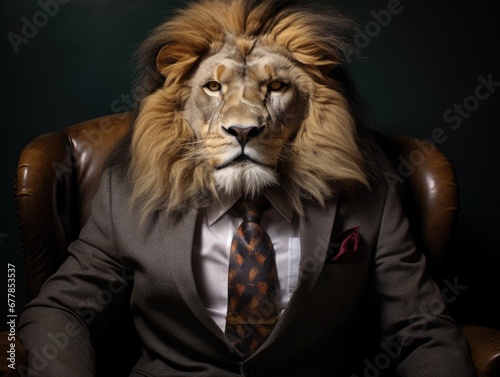 A lion in a suit sitting in a chair. Generative AI.