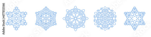 Blue outline snowflakes set on white background. Flat snow icons silhouette. Winter set snowflakes for decoration, decor, cards
