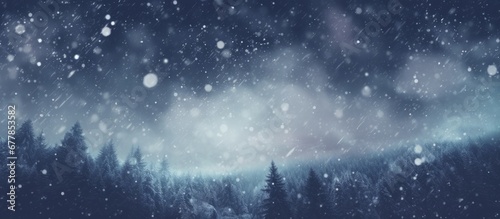 Winter night cozy landscape with snow falling over forest