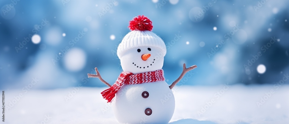 cute snowman in knitted hat on the blurry blue background with white winter snow
