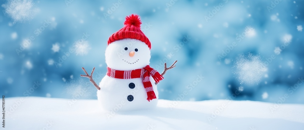 cute snowman in knitted hat on the blurry blue background with white winter snow