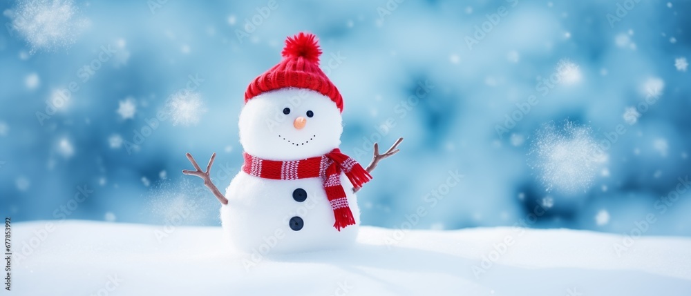 cute snowman in knitted hat on the blurry blue background with white winter snow cute snowman in knitted hat on the blurry blue background with white winter snow