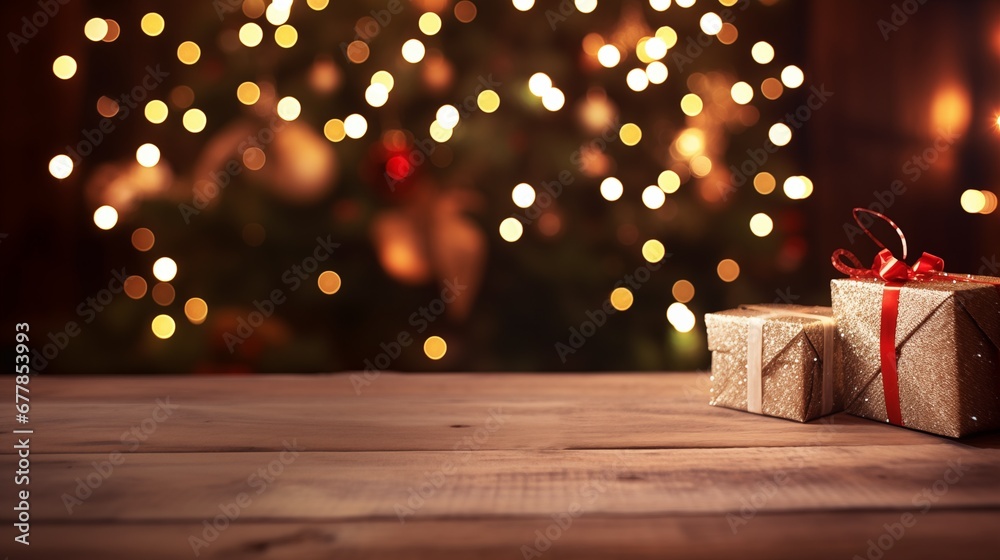 wooden background with blurred christmas tree and gifts
