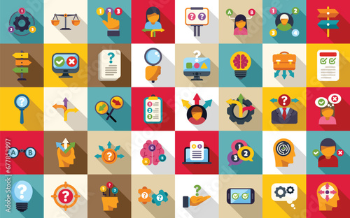 Making decisions icons set flat vector. Bias test decide. Identity chance find
