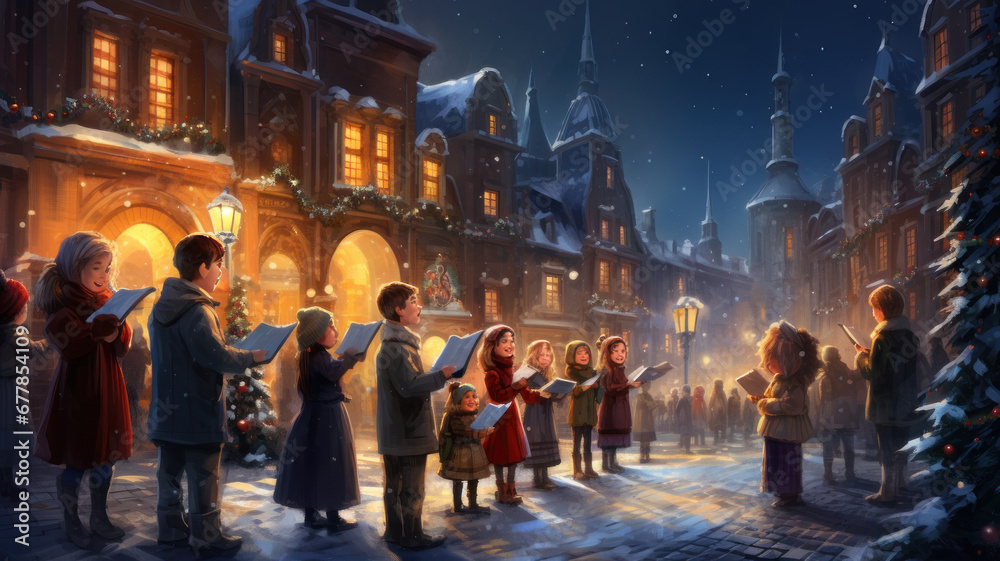 Charming Kids Caroling on a City Street at Night