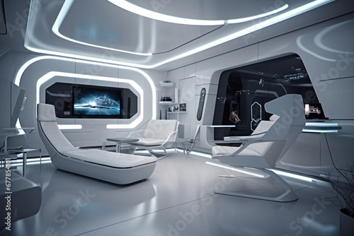 Step into the future with a visionary sci fi futuristic room blending cutting edge technology and sleek aesthetics, a perfect fusion of form and function. Ai generated © dragomirescu
