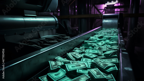 Machine Runs Down Conveyor With Stack Of Hundred Dollar Bills, Banknote. Print Press Money Machine. Finance, Stock Market ,tax Or Investment. Copy Space For Text. Ai Generated. Horizontal photo