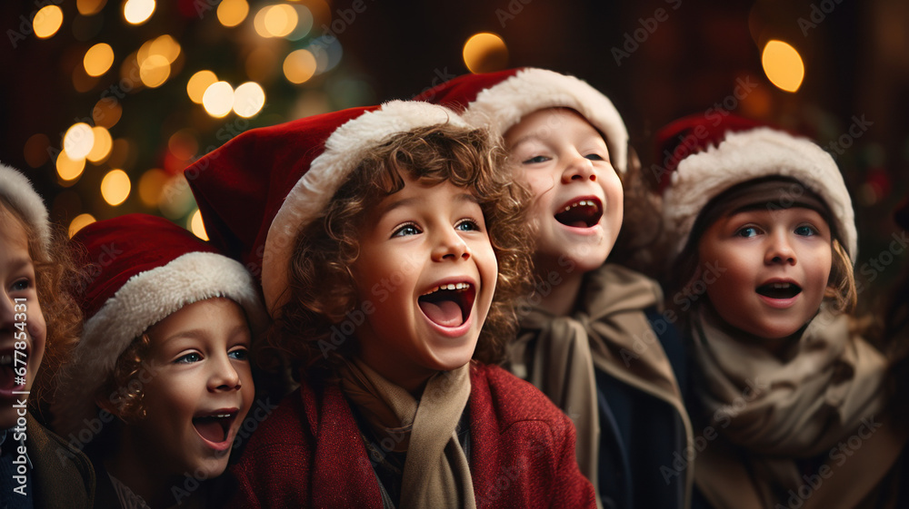 children in santa hats, singing songs and enjoying Christmas Eve children in santa hats, singing songs and enjoying Christmas Eve