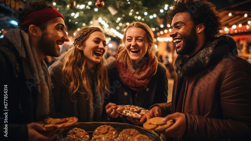 a group of friends sharing a plate of traditional gingerbread cookies while wandering through the market stalls