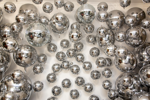 Fototapeta Naklejka Na Ścianę i Meble -  silver christmas balls  and decorations  interior room house celebration New Year's  background desktop wallpaper