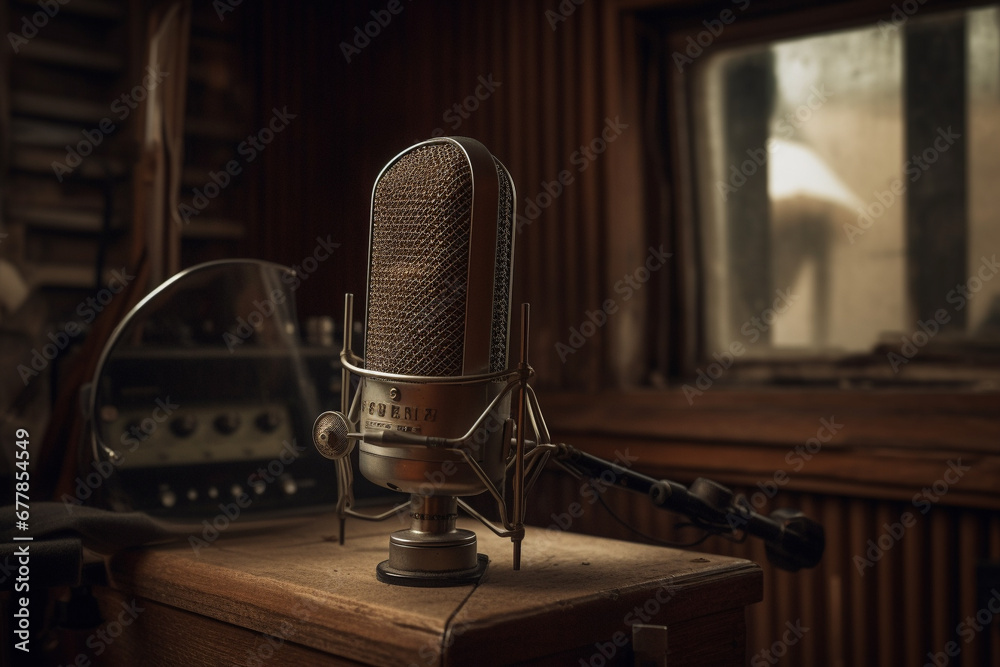 Step into nostalgia with an old vintage classic recording microphone perfect for studio sessions or vintage radio vibes. Ai generated - obrazy, fototapety, plakaty 