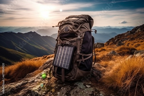 Elevate your mountain trek or hiking with a backpack featuring a solar panel charger. Ai generated photo