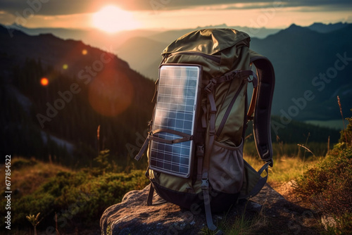 Elevate your mountain trek or hiking with a backpack featuring a solar panel charger. Ai generated