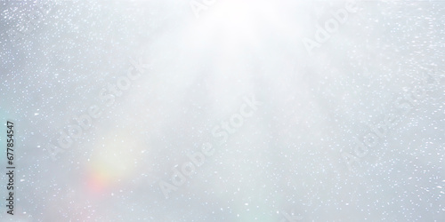 Sunlight passing through snowy sky and creating rainbow reflections, generative AI grey template for winter snowflake background. Snowy backdrop with a sun shining through it.