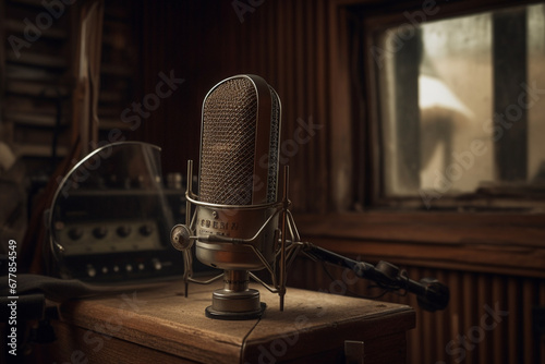Step into nostalgia with an old vintage classic recording microphone perfect for studio sessions or vintage radio vibes. Ai generated photo