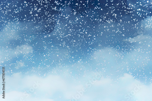 cloudy blue sky with snowflakes falling down, winter snowfall background, generative AI 