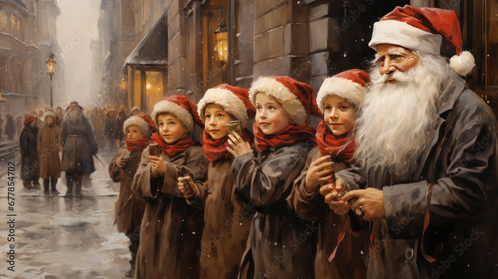 children waiting in line to meet Santa Claus, who is listening to their wishes and spreading holiday magic