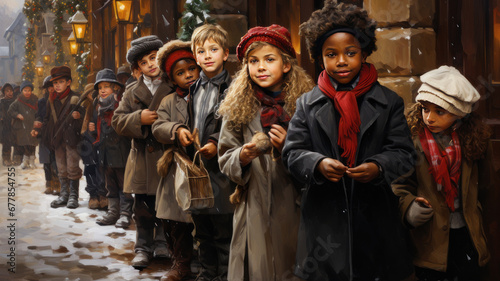 group of children in the christmas, waiting in line for their presents