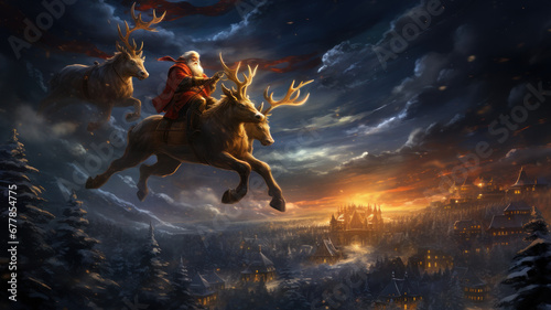 Christmas Eve Journey  Santa Claus Flying with His Reindeer in the Sky