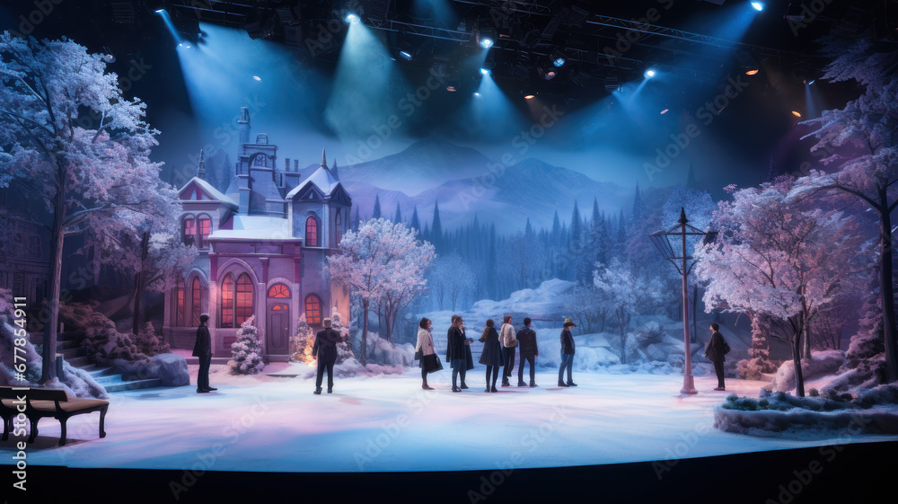 Snowy Christmas Act: Theatrical Play on a Winter Wonderland Stage - obrazy, fototapety, plakaty 