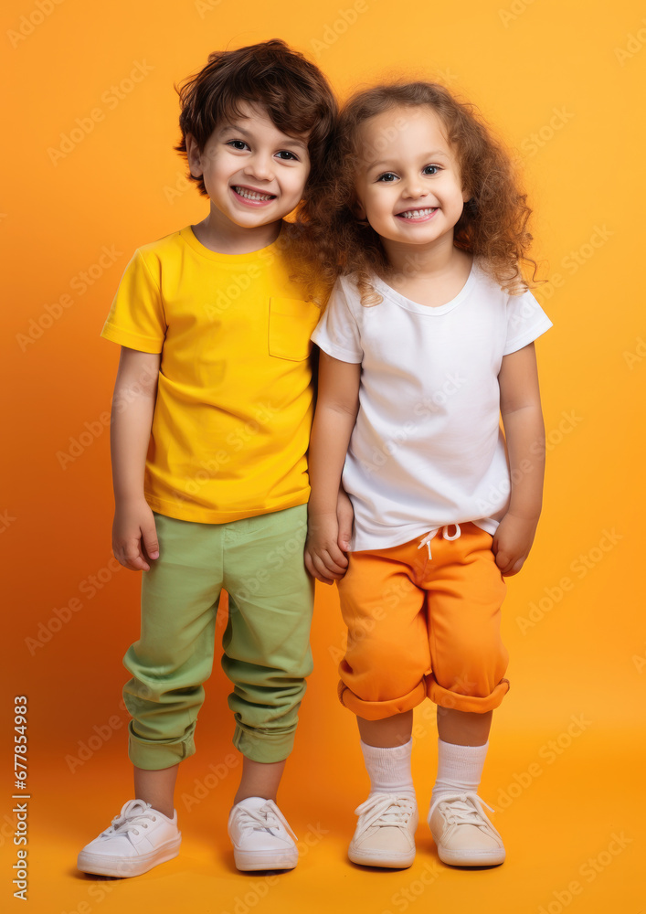 cheerful children, boy and girl on a colored background in the studio, brother and sister, child, kid, toddler, childhood, portrait, face, emotional, expression, joy, friends, happiness, baby, clothes