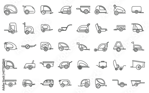 Bike trailer icons set outline vector. Cargo cycle family. Life ride