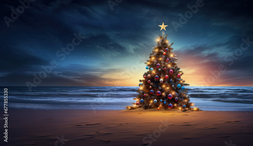 illustration of a decorated christmas tree in front of a beach in sunset, as concept for christmas holidays at the beach