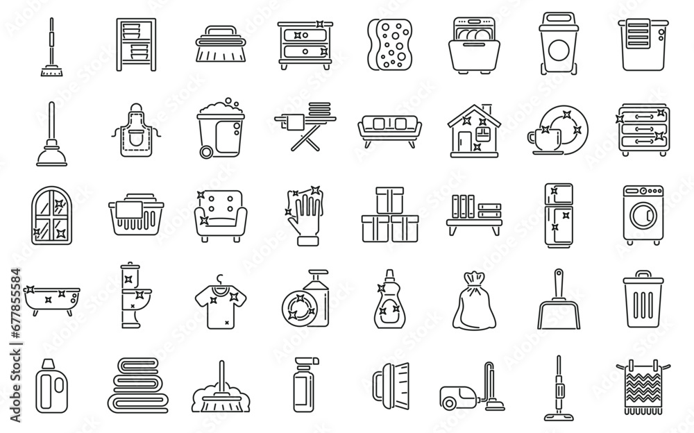 Tidy up icons set outline vector. Furniture room. Clean apartment dirty - obrazy, fototapety, plakaty 
