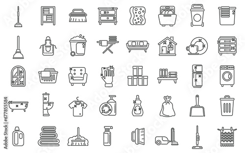 Tidy up icons set outline vector. Furniture room. Clean apartment dirty