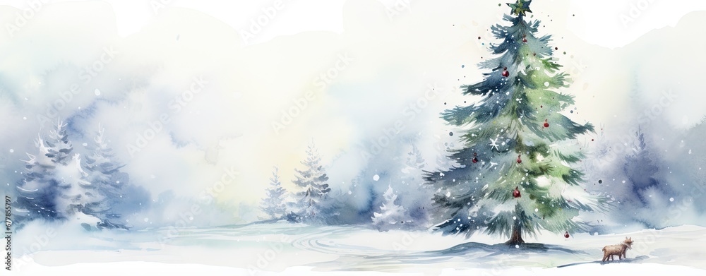 watercolor of Christmas forest, row of evergreen trees