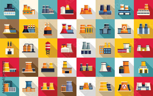 Nuclear power station icons set flat vector. Energy power. Industry tower nuclear