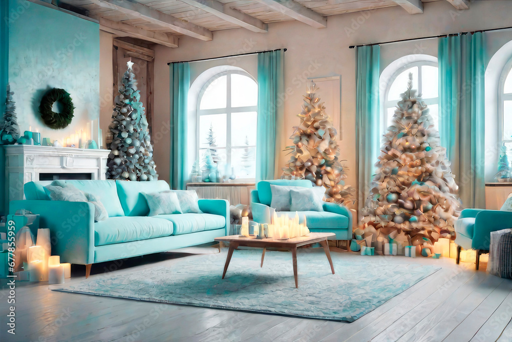 Fototapeta premium Christmas and New Year interior living room concept, home style with in light blue tones.