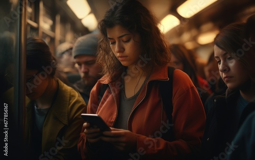 Train cabin during a rush hour full of people where everybody looking down on their highlighted cellphone screens © piai