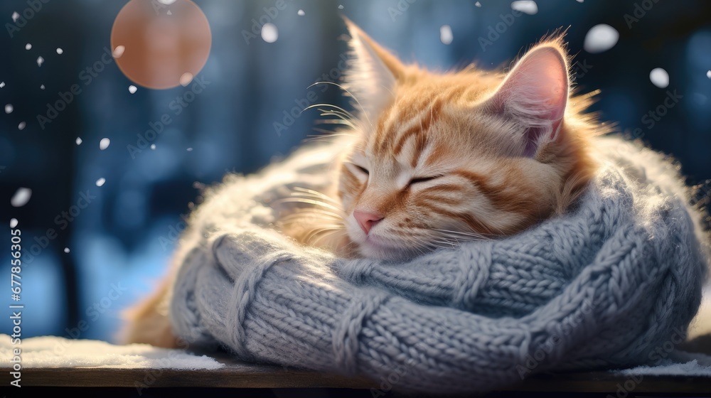a cute kitten peacefully sleeping, wrapped in a warm knitted sweater, in a serene winter park, falling snow, ample copy space to convey the concept with pets.