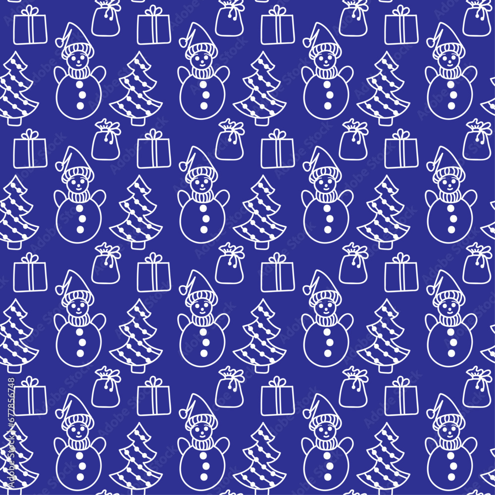 Christmas pattern in doodle style. White line on a dark blue background. Vector illustration.