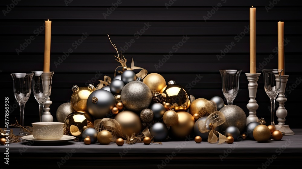 Naklejka premium Christmas gold and silver decorations arranged against a dark black background, flat design principles to create a visually striking and sophisticated composition.