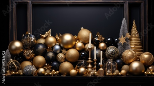 Christmas gold and silver decorations arranged against a dark black background, flat design principles to create a visually striking and sophisticated composition.
