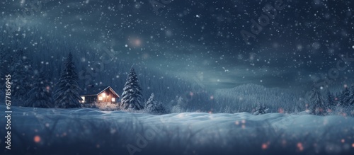 Cosy snowy winter night landscape with lonely house in the mountains and forest