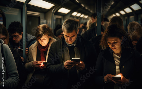 Train cabin during a rush hour full of people where everybody looking down on their highlighted cellphone screens photo
