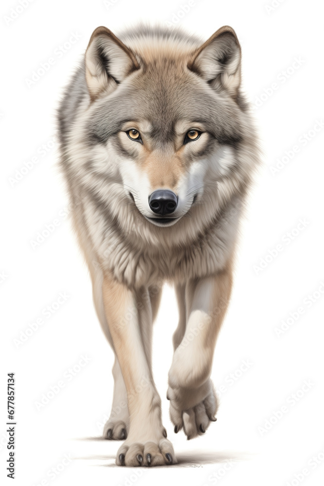 Fototapeta premium Grey wolf on the move isolated on white background
