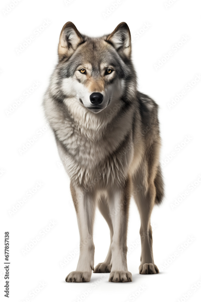 Grey wolf standing, isolated on white background