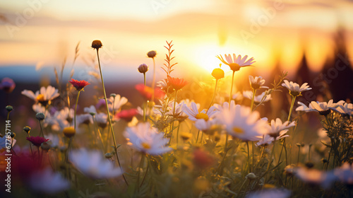Closeup of flowers in the meadow at sunset. © Framefolio