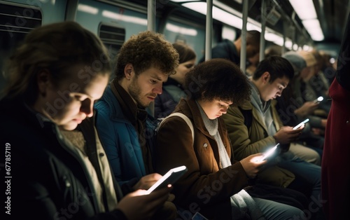 Train cabin during a rush hour full of people where everybody looking down on their highlighted cellphone screens