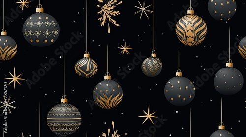 Christmas gold and silver decorations arranged against a dark black background  flat design principles to create a visually striking and sophisticated composition SEAMLESS PATTERN. SEAMLESS WALLPAPER.
