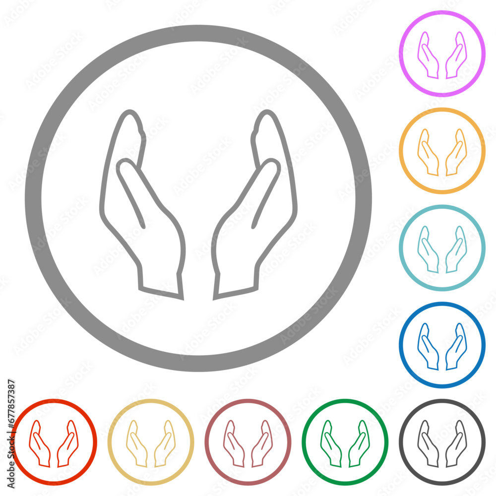 Fototapeta premium Empty protecting hands outline flat icons with outlines