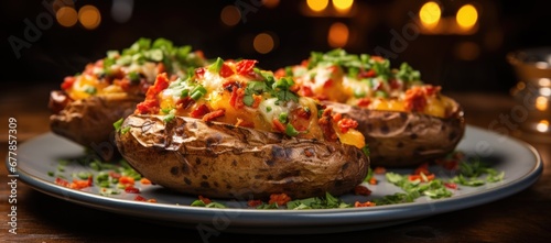 Potato skins, filled to the brim, are arranged on a plate photo